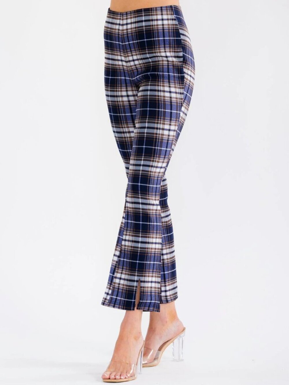 BaeVely Elastic Waist Slit Straight Leg Plaid Pants